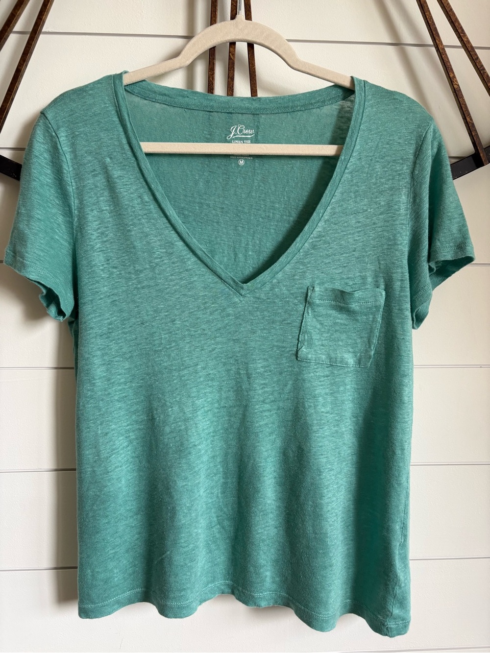 J. Crew Linen “Island Turquoise” V-Neck Pocket Tee - Relaxed Boyfriend-Style Fit - Picture 7 of 8